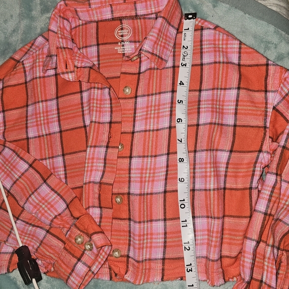 Wonder Nation Red and Pink Button Down Cropped Flannel Shirt with Casual Flair - Picture 3 of 7